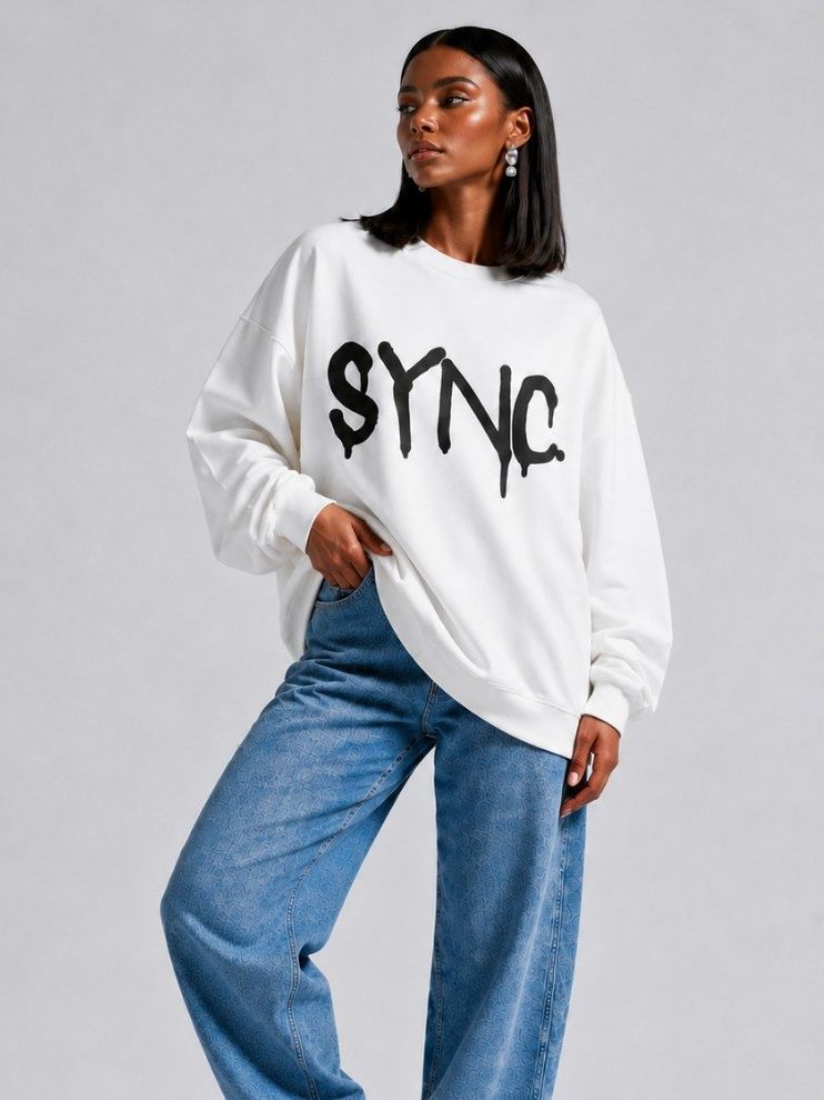 SYNC. crewneck in ivory with the SYNC. graffiti mark across the chest