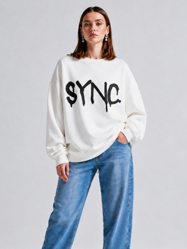 SYNC. crewneck in bone with the SYNC. graffiti mark across the chest