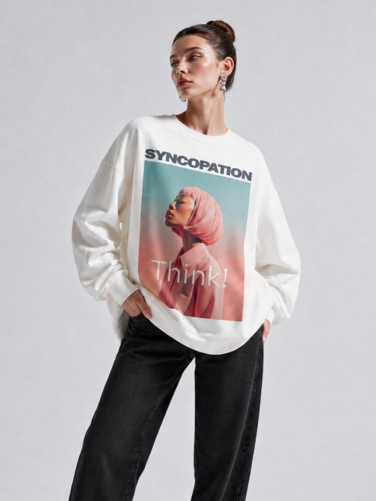 Think! poster crewneck in cream, printed with the Think! chapter poster