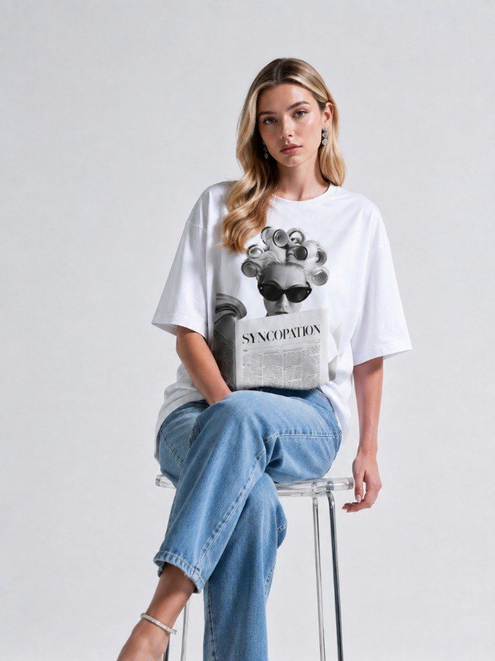 Newspaper tee in white with a monochrome newspaper print across the chest