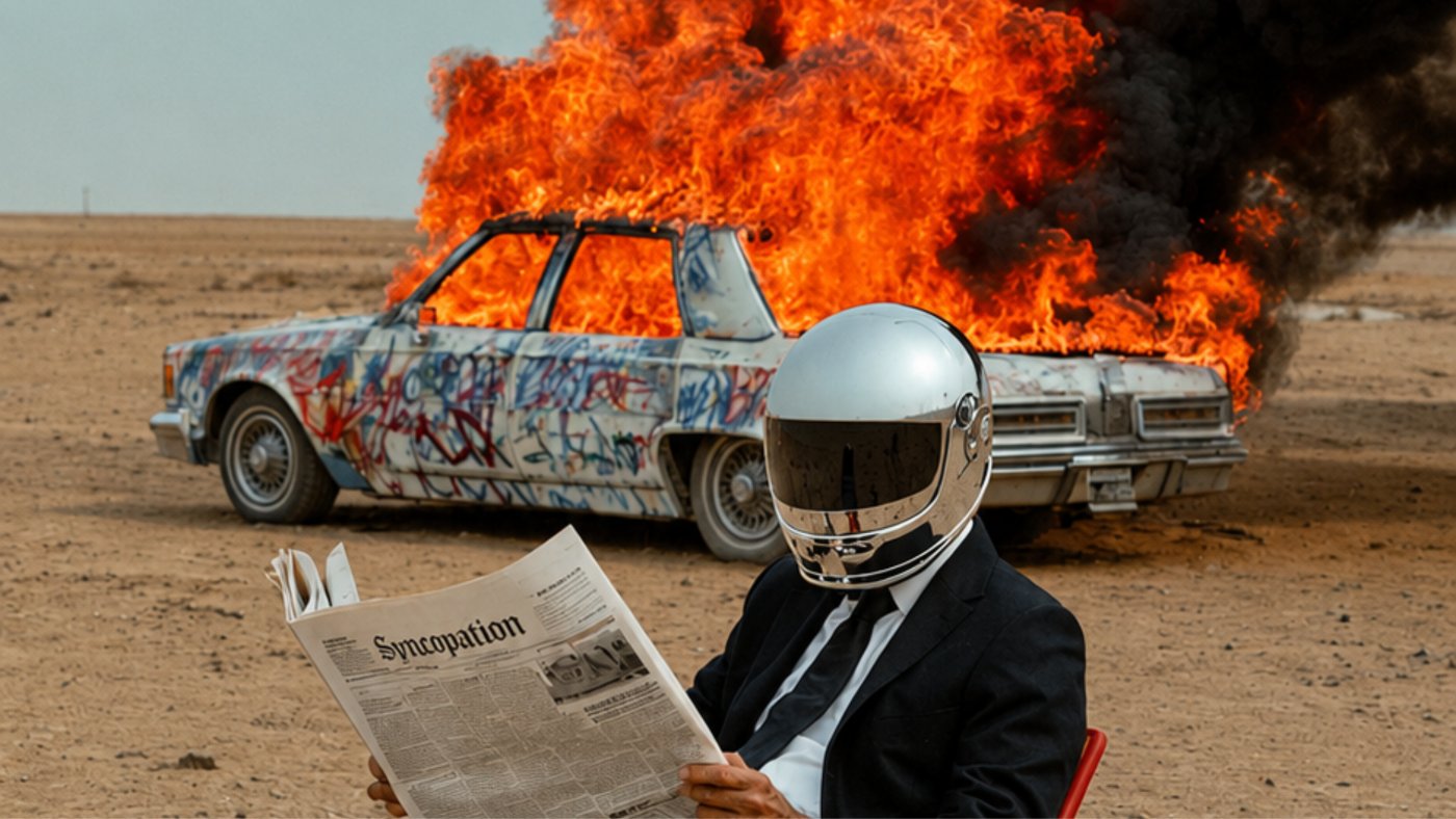 A figure in a suit and a chrome full-face helmet sits in the desert reading a newspaper headed Syncopation, a graffiti-covered car burning behind them.