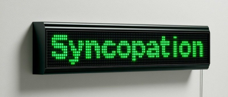 A wall-mounted LED sign spelling Syncopation in green dot-matrix letters