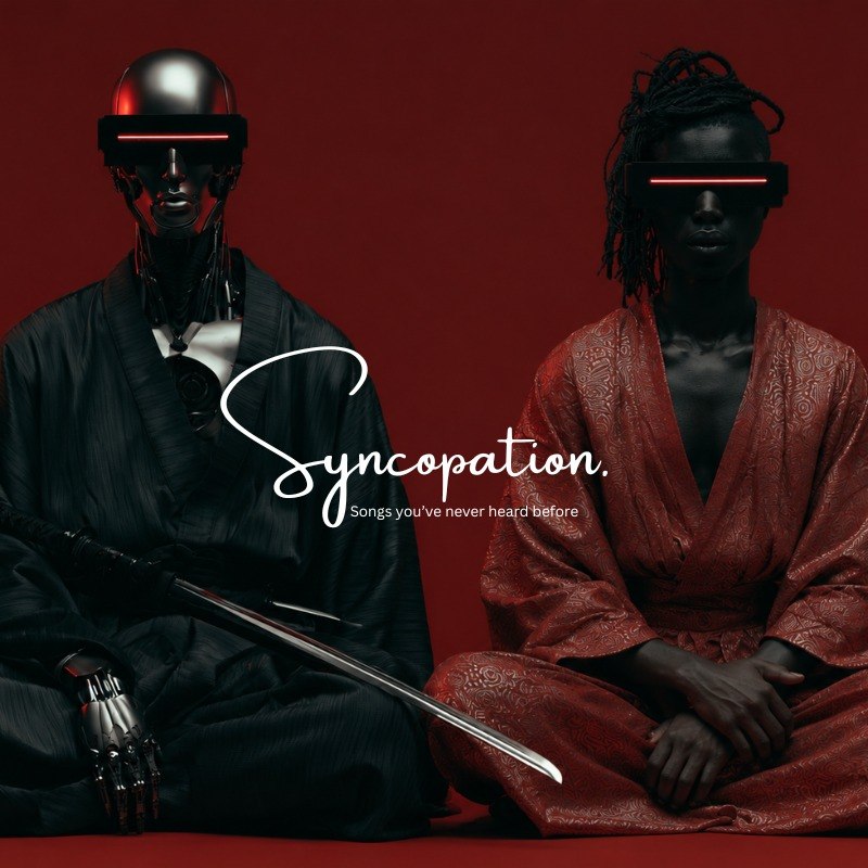 Two seated figures in black and crimson robes wearing glowing red visors, one android with a cybernetic hand resting on a sword
